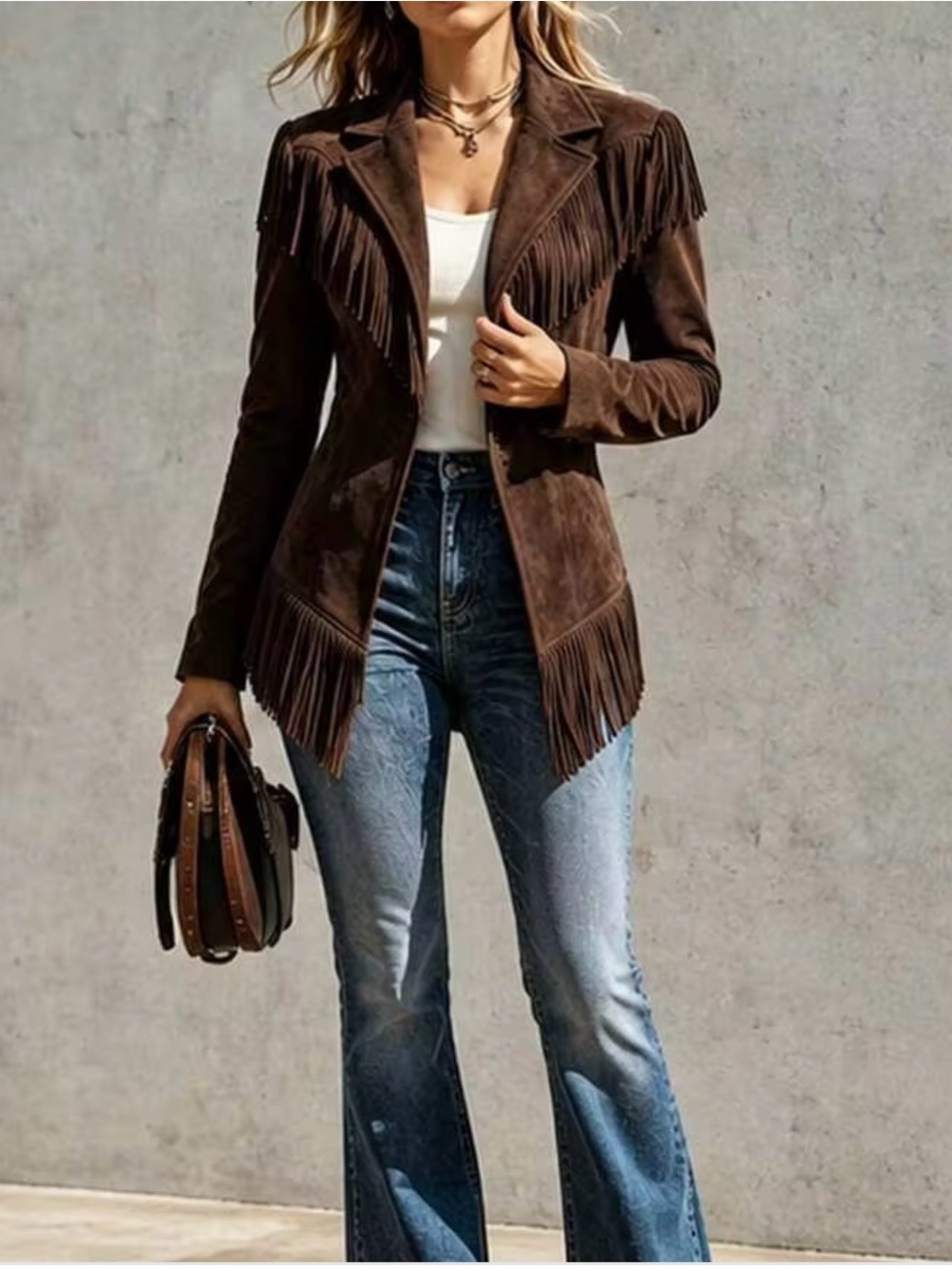 Women's Brown Fringe Faux Suede Jacket - Picture 3 of 3